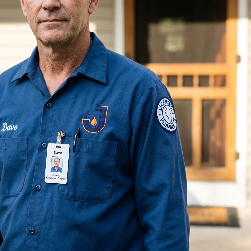 Licensed plumber showing ID badge in Lynchburg, VA