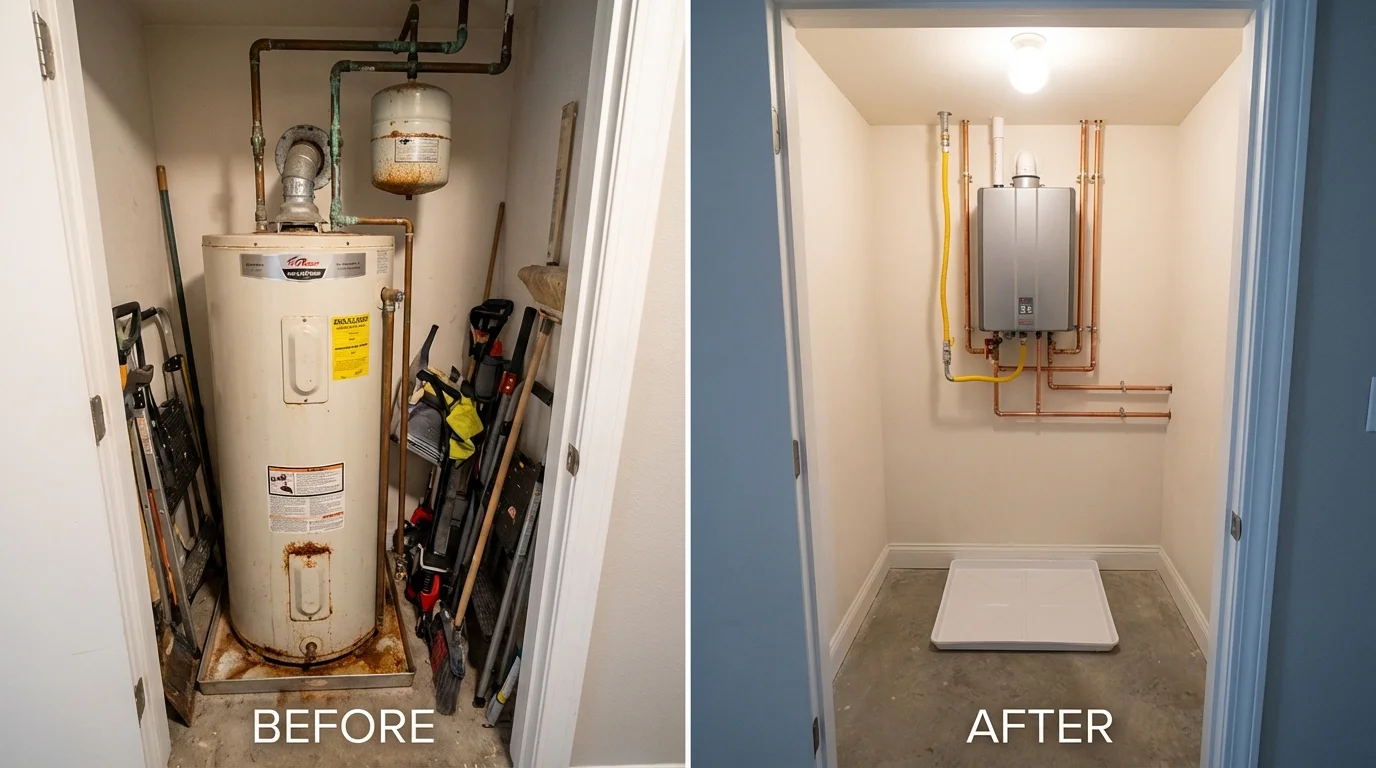Tank water heater versus wall-mounted tankless unit comparison for Lynchburg, VA homeowners