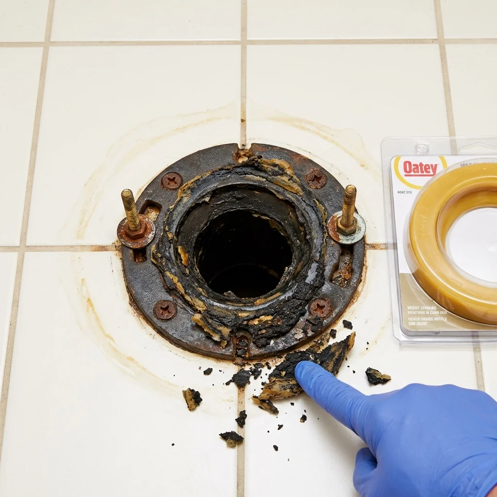 Failed wax ring showing water seepage at the base of a toilet in a Lynchburg, VA home