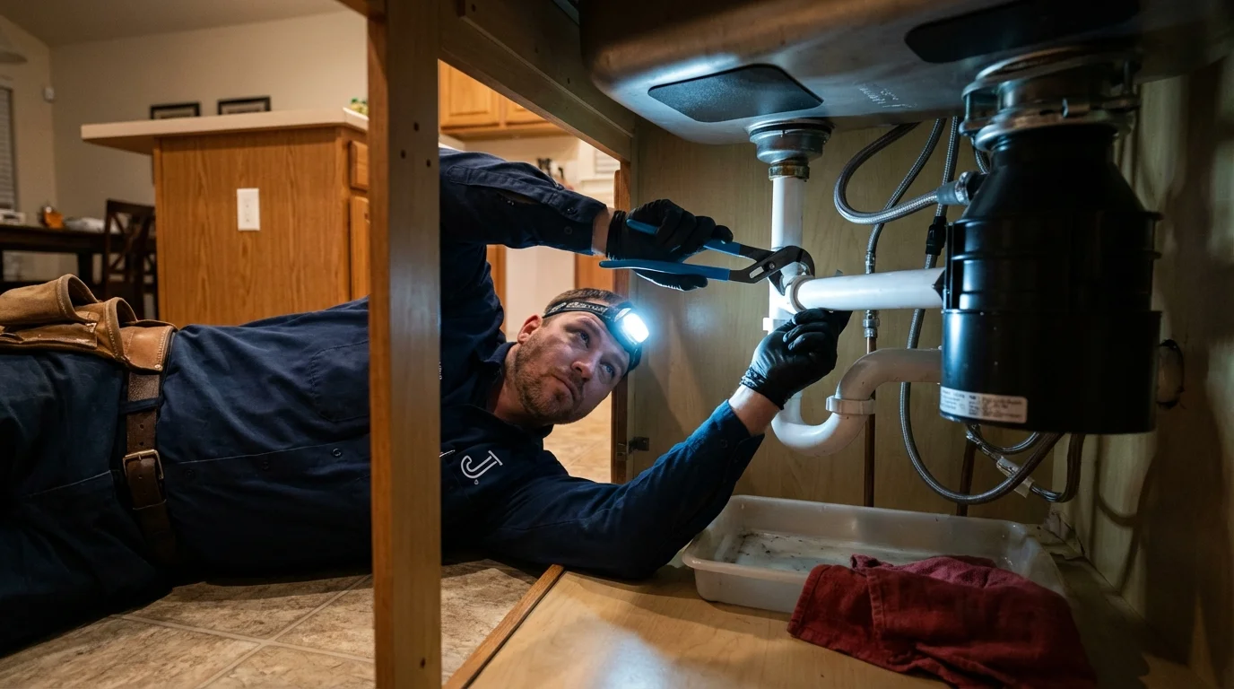P-trap and supply line connections under a kitchen sink showing a common leak point in Lynchburg, VA